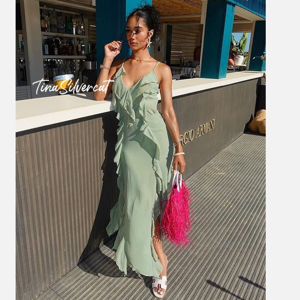 BLOGGER'S FAVE! Zara Long Ruffled Dress Sea Green NWT - Picture 7 of 17